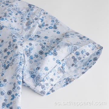 Camisas casuales con estampado de flores azules de manga corta para hombre